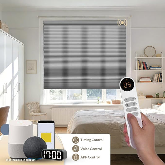 Boolegon No Drill Motorized Cellular Blinds With Remote Motorized Blackout Honeycomb Blinds For Indoor Windows Easy to Install Automatic Cellular Shades For Home,Light Filtering Light Gray,Custom Size