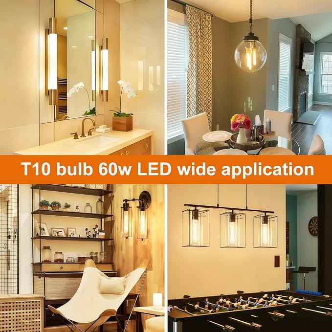 Vinaco 7.3 Inch E26 T10 Tube Bulb Dimmable, 6 Pack T10 Tubular Bulb LED 6W Equal. 60W Warm White 2700k, Clear Glass T10/T30 LED Edison Bulb for Sconce, Floor Lamp, Tall Island Pendant Lamp