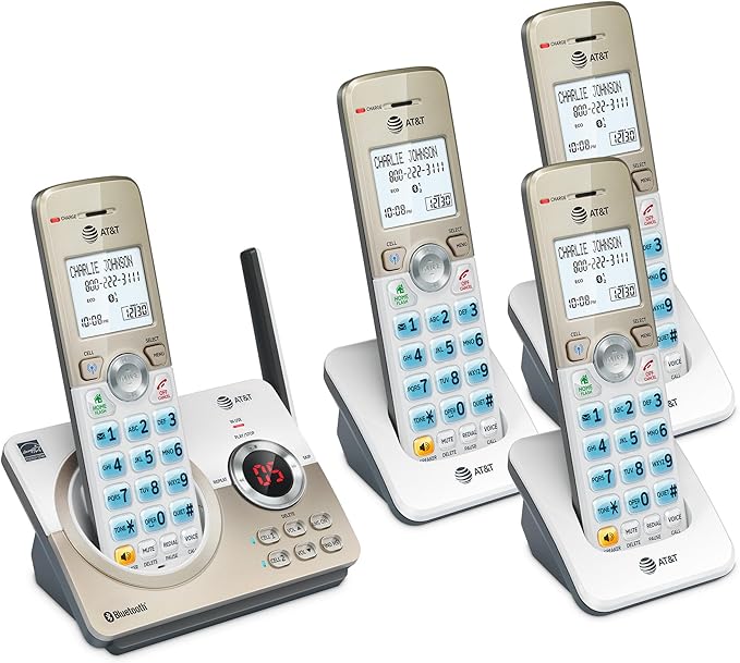 AT&T 4-Handset DECT 6.0 Expandable Cordless Home Phone with Large Display, Big Buttons, Answering Machine, Smart Call Blocker, Bluetooth Connect to Cell, Long Range, Caller ID, Speakerphone: DL72419