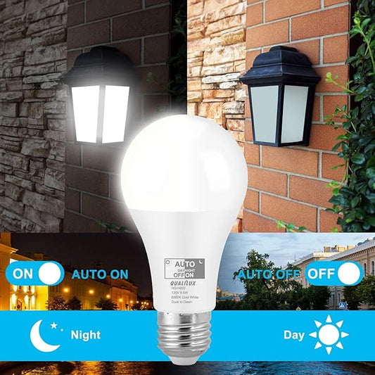 Qualilux Dusk to Dawn Light Bulbs Outdoor 850 Lumen, 60W Equivalent, Daylight Deluxe 6000K, LED 9.5W, A19, E26 Base, 2-Pack, HQ-H002