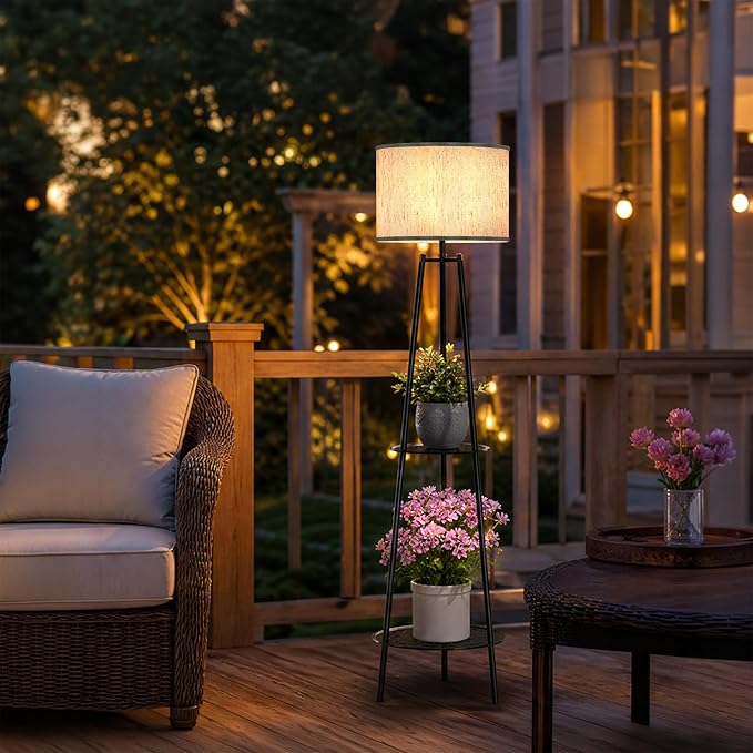 Solar Outdoor Floor Lamp with Plant Shelves, Waterproof Solar Standing Lamp for Patio Porch Garden Yard, Auto On/Off Warm LED Floor Light with 2-Tier Plant Stand, Cordless Outdoor Decor Lighting