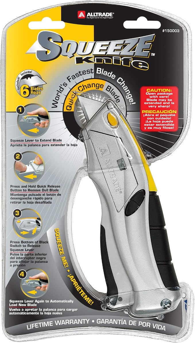 Alltrade Squeeze Utility Knife, Auto-Loading Squeeze, 6 Heavy-Duty Blades with Storage, Box Knives, Cut Tape Packaging - 150003