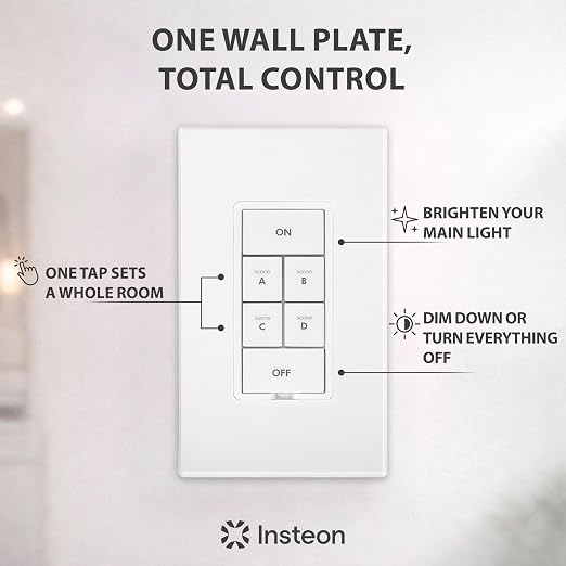 Insteon 6-Button Dimmer Keypad, in-Wall Smart Scene Controller - 2334-232 | Controls Up to 5 Devices, 150W LED, Dual-Band Smart Switch, Neutral Wire Required, Hub Required for Alexa & Google Assistant