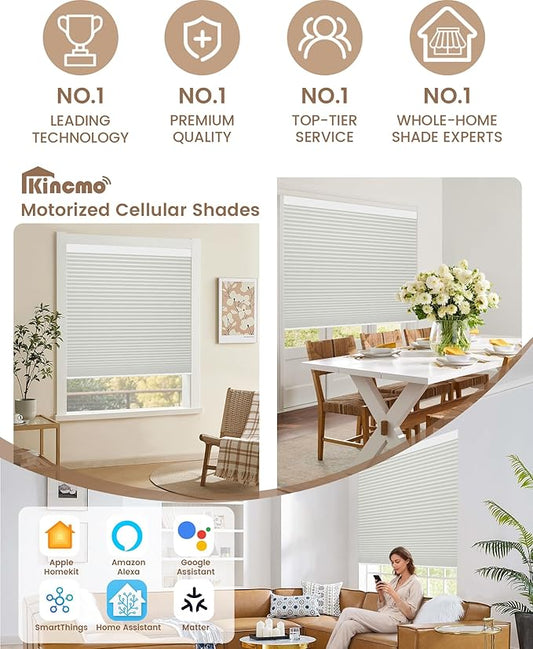 Kincmo Motorized Cellular Shades, Custom Motorized Blinds with Remote, Cordless Smart Electric Honeycomb Blinds Work with Apple HomeKit, Alexa, Google (100%-Blackout-Single-Cell Cream)