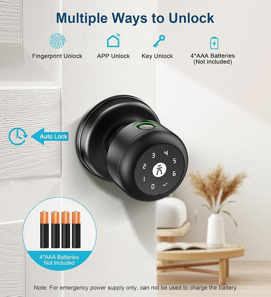 Smart Door Knob with Lock,Keyless Entry Fingerprint Door Lock,Carbon Black | Smart Lock with Auto-Lock , App, Key, Fingerprint Door Locks with Keypad for Front Door, Apartment, Hotel, Interior, Exterior