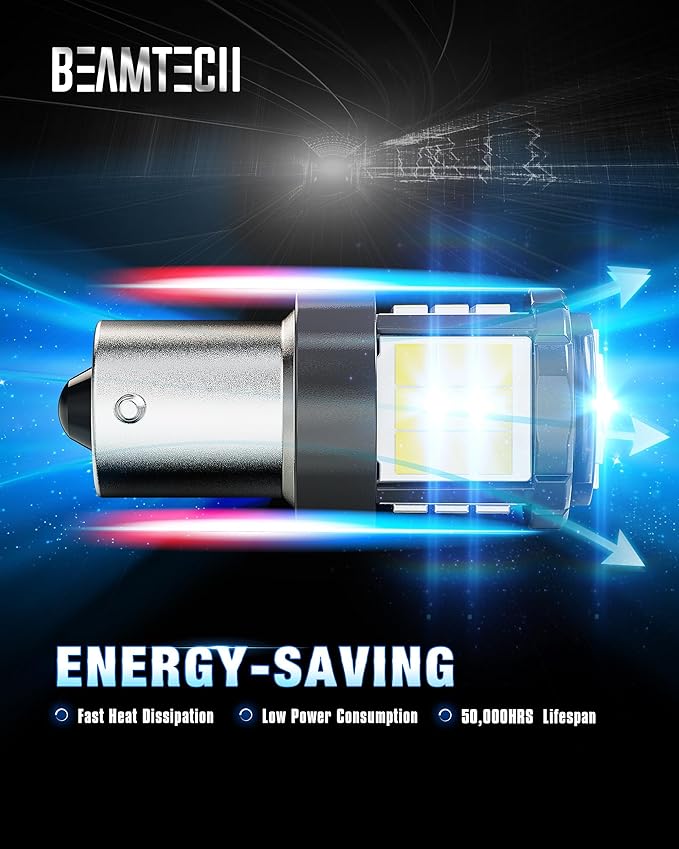 BEAMTECH Upgraded 1156 LED Bulbs for Turn Signal Lights, Build-in CANBUS, 6500K White Super Brighte, 1141 1003 7506 BA15S Reverse Back Up Lights, Tail Brake Parking Lights, Pack of 2