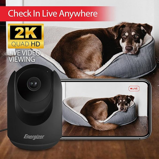 Energizer Smart 2K Indoor Pan & Tilt Wired Camera, Motion Tracking, Two-Way Audio, Night Vision, Instant Notifications, Recording, App, Hub-Free Wi-Fi Connection, Compatible with Alexa & Google Home