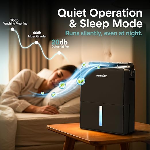 SereneLife Dehumidifiers for Home, 91 Oz Quiet Dehumidifier for Bedroom, Bathroom, Basement with Removable Cylinder For Closet, Timer, Sleep Mode & Smart Humidity Control, Covers 1500 Sq. Ft, Black