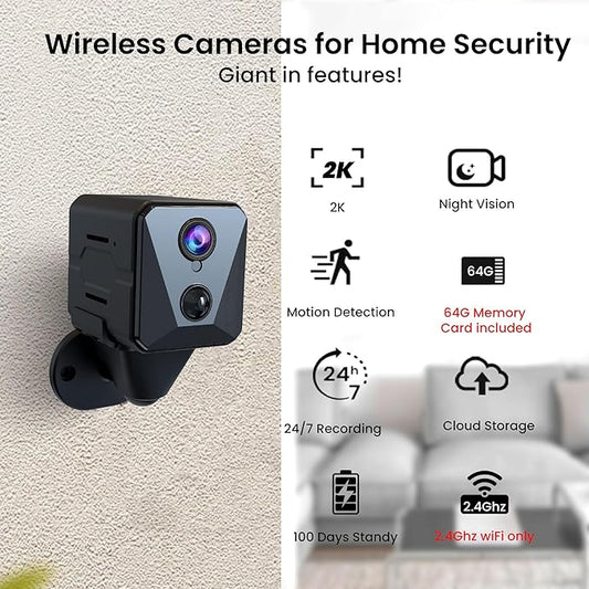 Funstorm Security Camera, 2K WiFi Indoor Camera with 64G SD Card, 100 Days Standby Battery Life, Clear Night Vision, AI Motion Detection, Real-Time Record Security Wireless Surveillance Camera