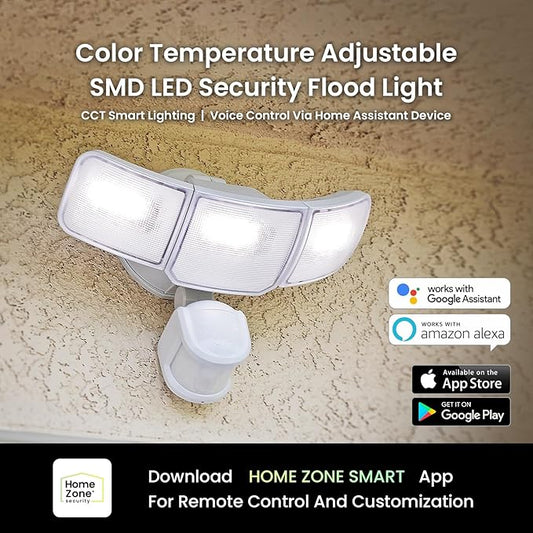 Home Zone Security Smart Flood Lights 3500 Lumens, 5000K Super Bright Security Light, 3 Adjustable Heads, Remote Control from App, Weather Resistant, Motion Sensor, Adjustable Color Temperature