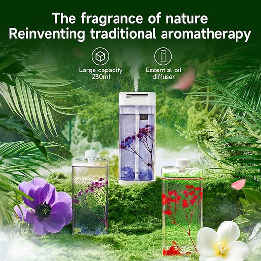 Smart Home Fragrance Diffuser - Waterless Aromatherapy Essential Oil Diffuser & Cordless Air Freshener for Home, Office, Bedroom, Bathroom | 4 Timer Modes, 2 Oils & Preserved Flowers Included