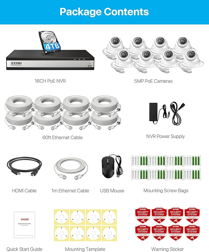 ZOSI 16CH 4K PoE Security Camera System, H.265+ 16 Channel 8MP NVR with 4TB HDD, 8pcs Wired 5MP Outdoor Indoor PoE IP Dome Cameras, Night Vision, Motion Alert, Remote Access, for 24/7 Recording