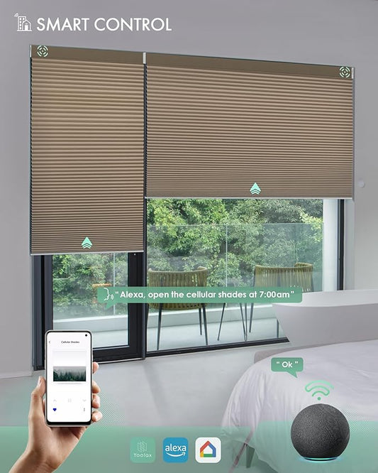 Yoolax Motorized Cellular Shades Compatible with Alexa, Blackout Motorized Blinds with Remote Smart Honeycomb Shades for Indoor Windows, Automatic Blinds Custom Size (Brown)