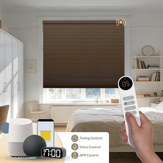 Boolegon No Drill Motorized Cellular Blinds with Remote Motorized Blackout Honeycomb Blinds for Indoor Windows Easy to Install Automatic Cellular Shades for Home,Blackout Dark Brown,Custom Size