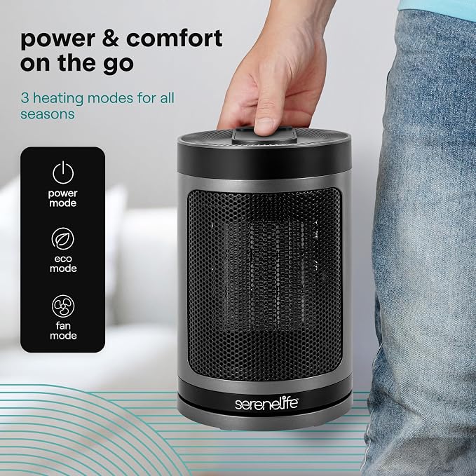 SereneLife Smart Space Heater – 1500W Indoor Electric Heater with Thermostat, Remote Control, 12-Hour Timer, Wi-Fi Enabled PTC Ceramic Heating for Home and Office, Gray (5.9" x 5.9" x 9.5")