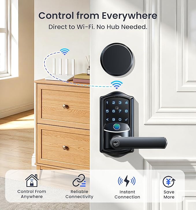 Veise VE029-E Wi-Fi Smart Lock with Handle & Non-Keyed Deadbolt, Fingerprint Keyless Entry Lock for Front Door, APP Remote Control, Keypad Electronic Digital Knob, IP65 Waterproof, Matte Black