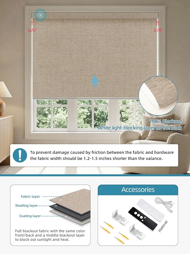 SmartWings Motorized Smart Blinds with Remote, Custom Automatic 100% Blackout Roller Shade Compatible with Alexa/Homekit/Google, Electric Smart Blinds for Indoor Windows, Linen Caramel