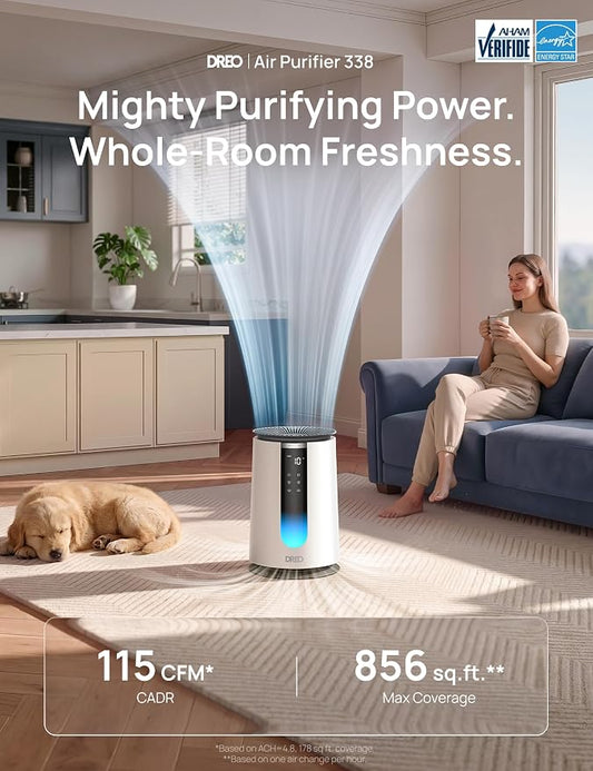 DREO Air Purifier 338 for Home, AHAM Verified HEPA Air Cleaner for Bedrooms Up to 1176 Sq Ft, Smart Cleaner for Pets, Smoke & Odors, PM2.5 Monitor, Aromatherapy, DR-HAP008, Snow White