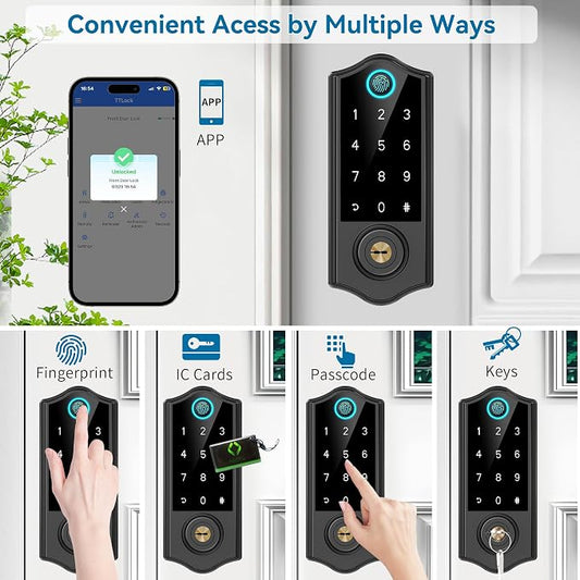 Fingerprint Smart Door Locks for Front Door with Handle Set, App Control, Keyless Entry Door Lock Keypad Deadbolt, Bluetooth Digital Electronic Touchscreen, Easy Install, Auto Lock, Black