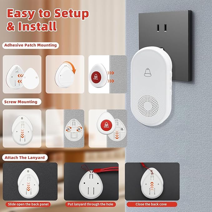 Wireless Caregiver Pager SOS Call Button for Elderly Monitoring 1000+ Feet Life Alert,Emergency Alert System Call Bell for Nurse Patient Disabled 2 Waterproof Transmitter & 2 Plugin Receiver