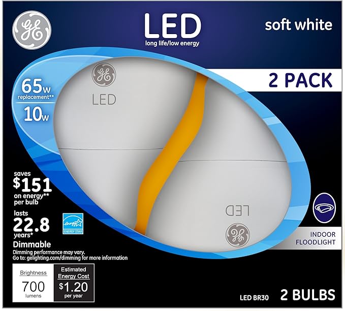 GE Lighting Energy-Smart Soft White LED Flood Light Bulb, 10 Watt (65-watt replacement), 700-Lumen BR30 with Medium Base, 2-Pack