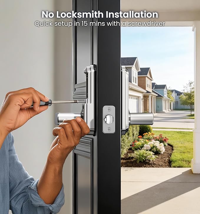 Veise VE019 Fingerprint Smart Lever Lock, App Control, Keyless Entry Door Lock with Handle, Touchscreen Keypad Knob for Front Door and Bedroom, Remote Access Sharing, IP55 Waterproof, Satin Nickel
