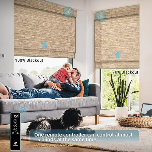 SmartWings Motorized Natural Woven Wood Shades for Windows Work with Matter Thread Homekit Z-Wave Alexa Google, 50%/70%/100% Blackout Electric Auto Roman Shades Cordless Remote Customized, Linen 005