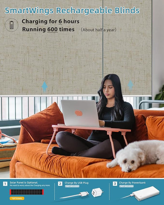 SmartWings Motorized Smart Blinds with Remote, Custom Automatic 100% Blackout Roller Shade Compatible with Alexa/Homekit/Google, Electric Smart Blinds for Indoor Windows, Linen Stone