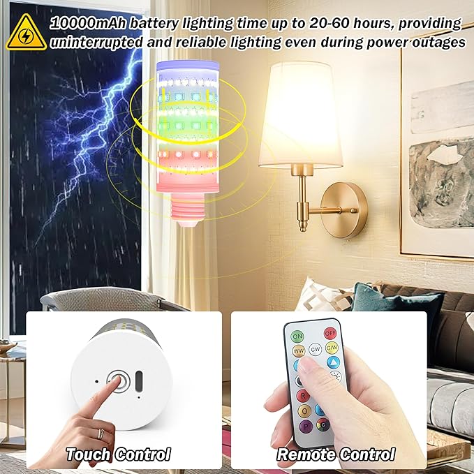 Battery Operated Light Bulb With Remote Control, 2 Pack Rechargeable Light Bulbs 360° lighting For Non-Hardwired Lamp, 10000mAh RGB Dimmable Bulbs Lighting Time Up To 60 Hrs for Home Power Outage