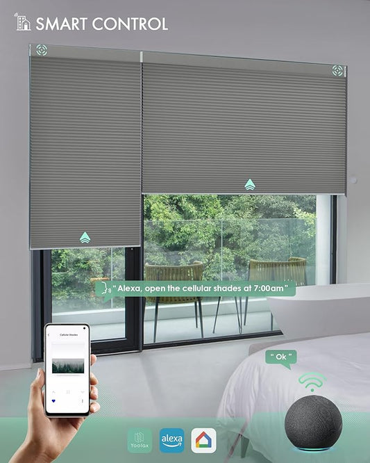 Yoolax Motorized Cellular Shades Compatible with Alexa, Blackout Motorized Blinds with Remote Smart Honeycomb Shades for Indoor Windows, Automatic Blinds Custom Size (Blackout Dark Grey)
