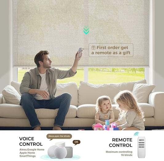 HeyBlinds Motorized Blinds with Remote, Smart Roller Shades with App & Voice Control, Work with Alexa Google HomeKit, Light Filtering Custom Window Shades for Living Room Office (Grace-Latte LF)