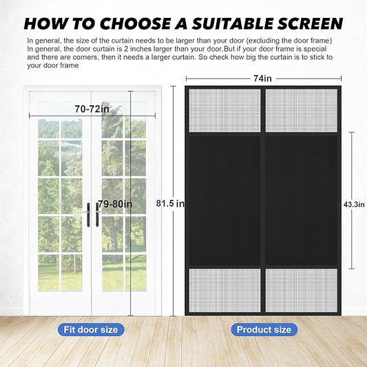 Magnetic Screen Door 72"x80" Blackout – Privacy Protection, Powerful Magnets, Heavy Duty Thicker 265g/㎡ Mesh, Easy Install, Self-Sealing, Pet Tested, Tie Backs, Screen Door Mesh