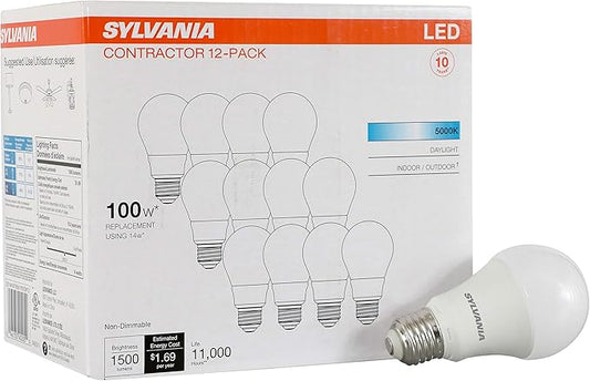 Sylvania LED A19 Light Bulb, 100W = 14W, Non-Dimmable, Frosted Finish, 1500 Lumens, 5000K, Daylight - 12 Pack (40205)