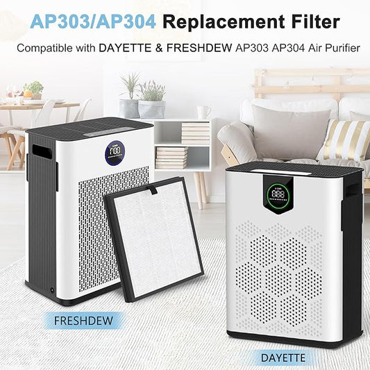 AP303 AP304 Replacement Filters, Compatible with DAYETTE & FRESHDEW Air Purifier AP303/AP304, H14 HEPA Filter with Activated Carbon, 4 Pack (Original Filter)
