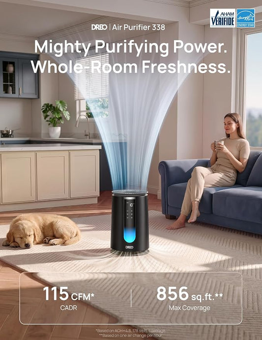 DREO Home Air Purifier 338, Bedroom HEPA Air Cleaner for Dorm Room, Pets, Smoke, Dust, Pollen,Odor with Scent Diffuser,PM2.5 Quality Monitor, 4 Fan Speeds & Auto/Turbo/18dB Quiet Sleep Mode, DR-HAP008