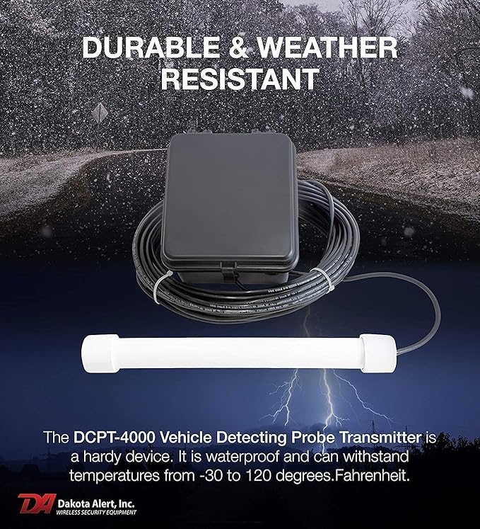 Dakota Alert Wireless Driveway Alarm System DCPA-4000 One Mile Wireless Range, DCR-4000 Receiver & DCPT-4000 Vehicle Detecting Probe Transmitter with Direct Burial Cable | Outdoor Vehicle Sensor Alarm