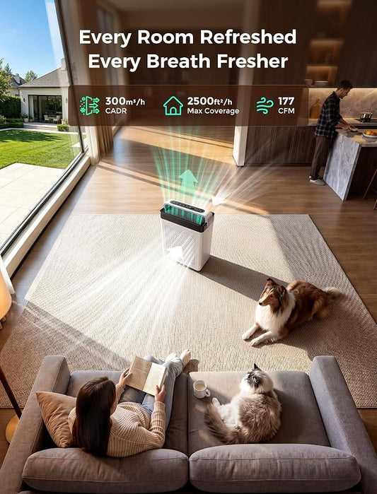 Portable Air Purifier for Home Large Room 2500 Ft², Carry Handle, Dual Intake Capture Pet Hair, High Activated Carbon, Washable Pre-Filter, HEPA Air Cleaner for Odor, Dander, Fur, Pollen