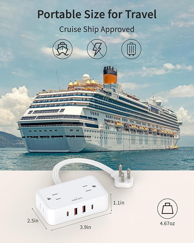 HOPOW Short Extension Cord 0.5FT, Flat Plug Outlet Extender with 4 Outlets & 4 USB Ports(2 USB C), No Surge Protector for Cruise Ship, Multiple Outlet Small Power Strip for Home Office Travel