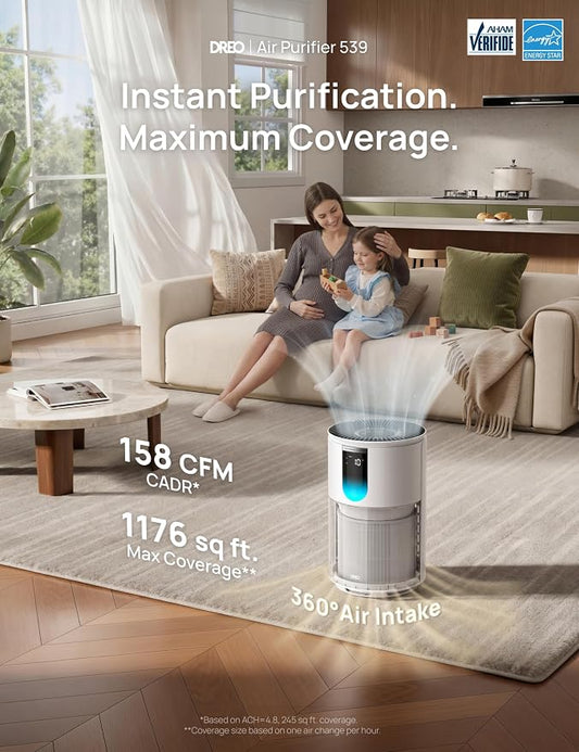 DREO Home Air Purifier 539, Bedroom HEPA Air Cleaner for Up to 1176 ft² Large Room, Pets, Smoke, Dust, Pollen, Odor, PM2.5 Quality Monitor, 4 Fan Speeds & Auto/Turbo/18dB Quiet Sleep Mode, DR-HAP009