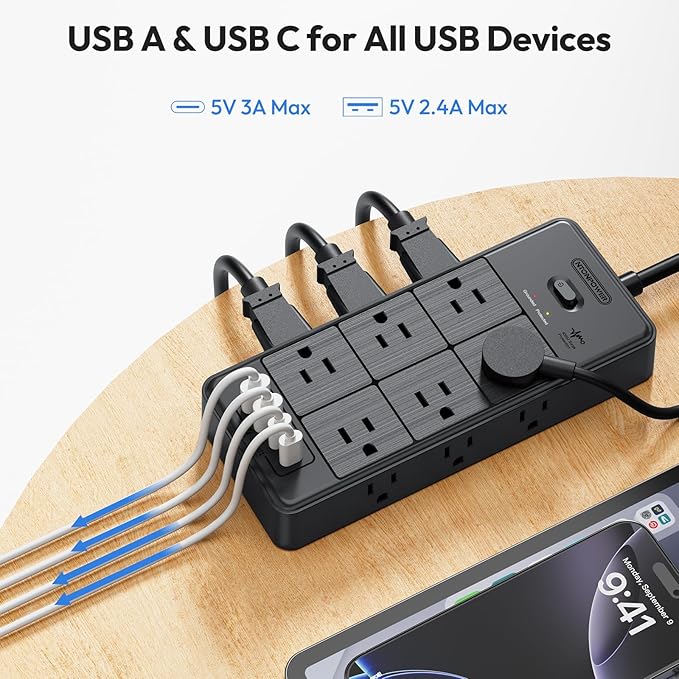 NTONPOWER Long Cord Power Strip, 25 FT Extension Cord with 12 Outlets & 4 USB Ports (2 USB C), 3 Side Multiple Outlet Extender, Wall Mounted for Home Office