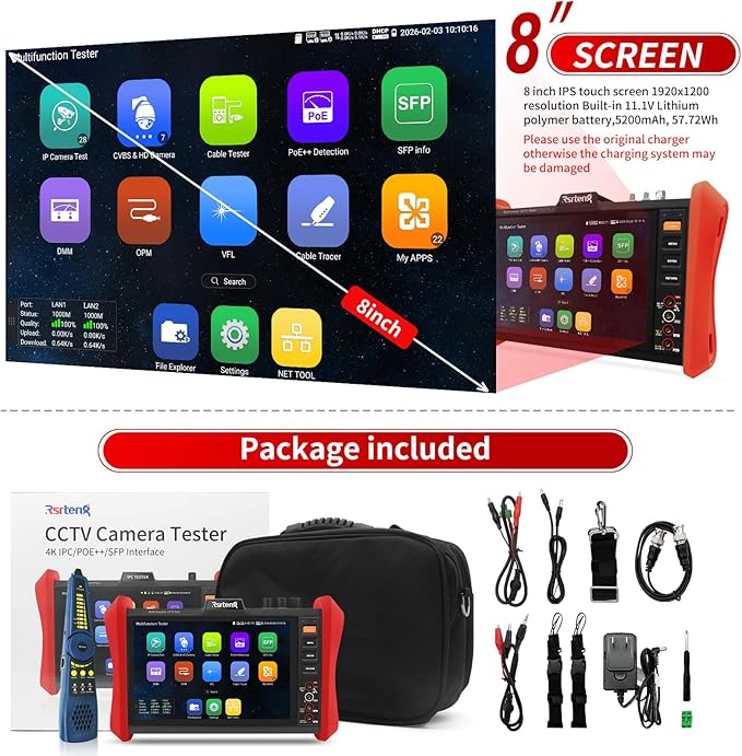 Rsrteng CCTV Tester 4K 12MP IP Camera Tester POE++ Max 90W POE Camera Tester OPM/VFL/DMM,8MP TVI/CVI/AHD/CVBS Coaxial Camera Tester,1CH SFP Module,WiFi,Network Tools,Cable Tester,HD/VGA,POE Detection