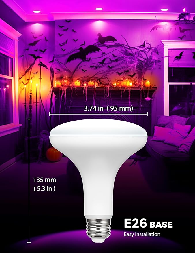 JandCase BR30 Halloween Light Bulbs, E26 Base Halloween Purple Indoor Flood Light Bulbs, 11W(65W Equivalent), Purple Flood Light Bulbs for Halloween Decoration,Not-Dimmable, 2 Pack