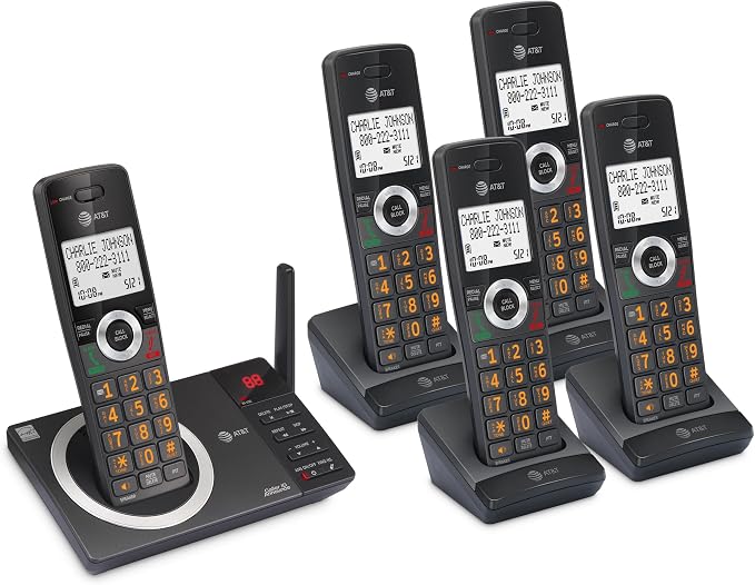 AT&T 5-Handset Expandable DECT 6.0 Cordless Home Phone with Large Display, Big Buttons, Answering Machine, Smart Call Blocker, Long Range, Caller ID, Speakerphone, Intercom: CL82518 (Charcoal Black)