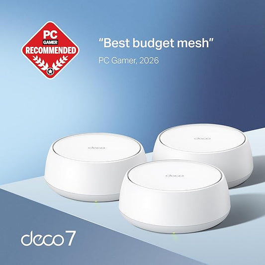 TP-Link Deco 7 BE25 Dual-Band BE5000 WiFi 7 Mesh Wi-Fi System | 4-Stream 5 Gbps, 240 Mhz | Covers up to 6,600 Sq.Ft | 2X 2.5G Ports Wired Backhaul | VPN,MLO, AI-Roaming, HomeShield, 3-Pack