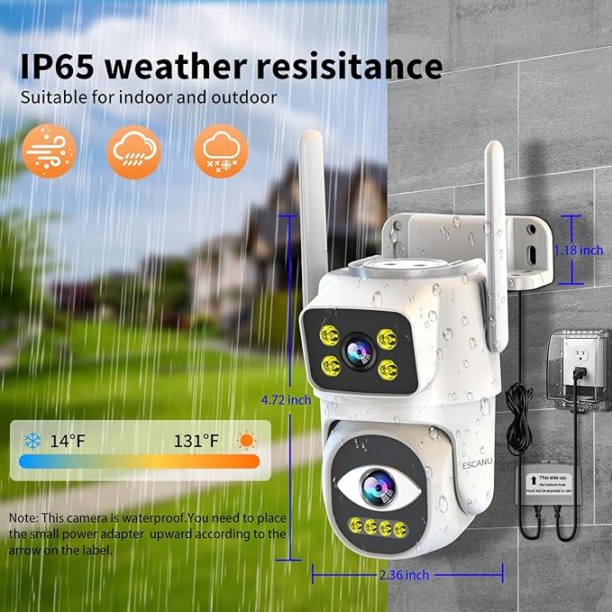 ESCANU Cameras for Home Security with Dual Lens, 2.4G/5G Outdoor Security Camera, WiFi Camera for Home Security, Color Night Vision, 2-Way Audio, Auto Tracking, 24/7 Continuous Recording