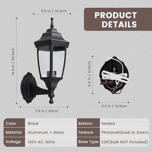 Photocell-Controlled Outdoor Wall Light – Die-Cast Aluminum & Glass Water-Resistant Exterior Fixture, Wet Location Rated, E26 Base (60W Max) for Porch, Garage, Garden(Black)