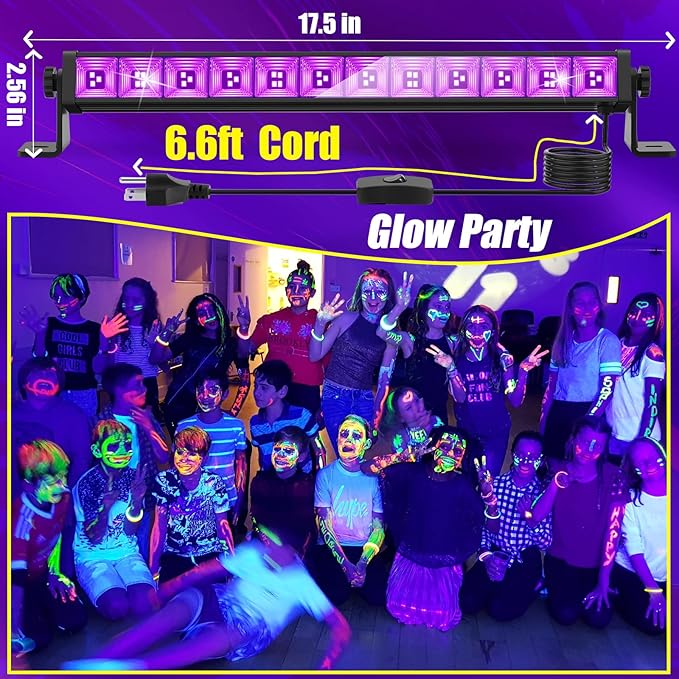 4 Pack 45W LED Black Light Bar, Blacklight with 6.6ft Cord+Switch, Light Up 26x26ft, Glow in The Dark for Halloween, Party, Birthday, Body Paint, Fluorescent Poster, Bedroom