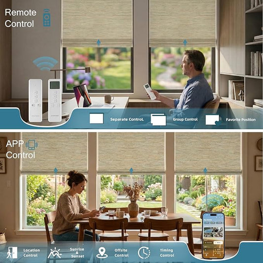 Motorized Roman Woven Woods Shades Work with HomeKit/Alexa/Google Home, Cordless Motorized Roman Shades,Electric Roman Blinds Custom Size,Crocheting Pale