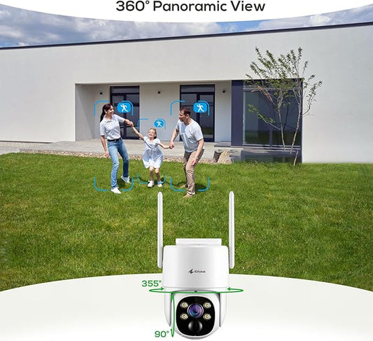 Kittyhok PT Solar Camera Security Outdoor | 2K FHD Security Camera Wireless Outdoor, Solar Battery Powered, Color Night Vision, Smart Detection, IP66 Weatherproof, Local Recording for Home Security
