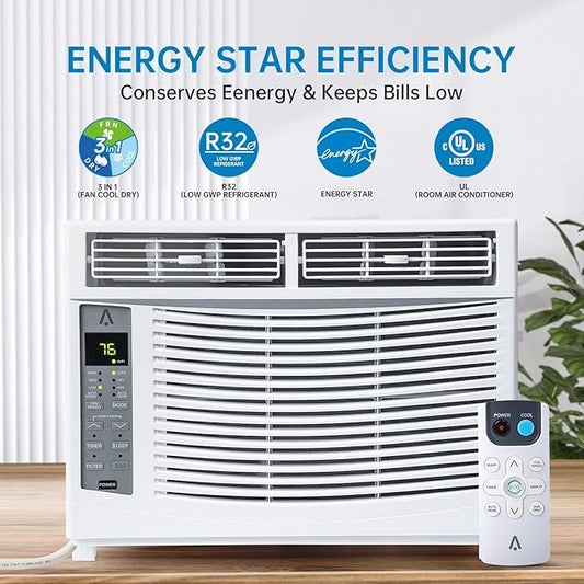 6000 BTU Window Air Conditioner, Smart WiFi AC Unit with Remote Control & Digital Display, Quiet Cooling for Small Rooms up to 250 Sq. Ft., Dehumidifier & Fan Modes, Easy Installation, White